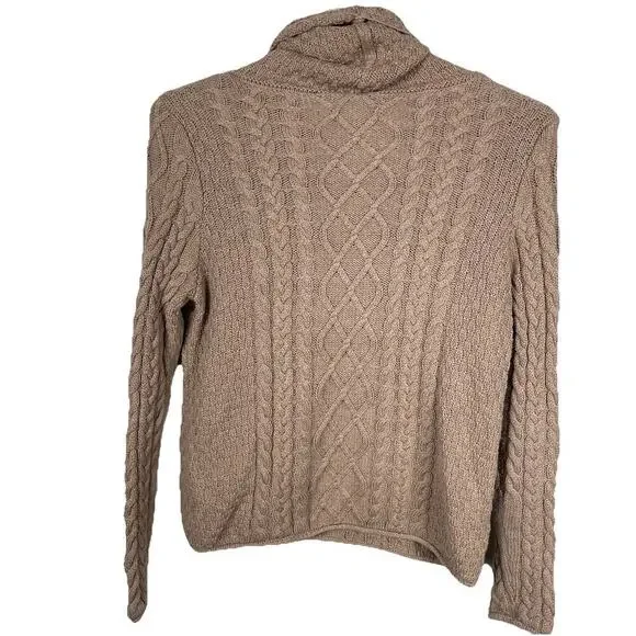 Burgess Cashmere Blend Cable Knit Sweater Women M Tan Soft Funnel Neck Fisherman - Picture 2 of 9